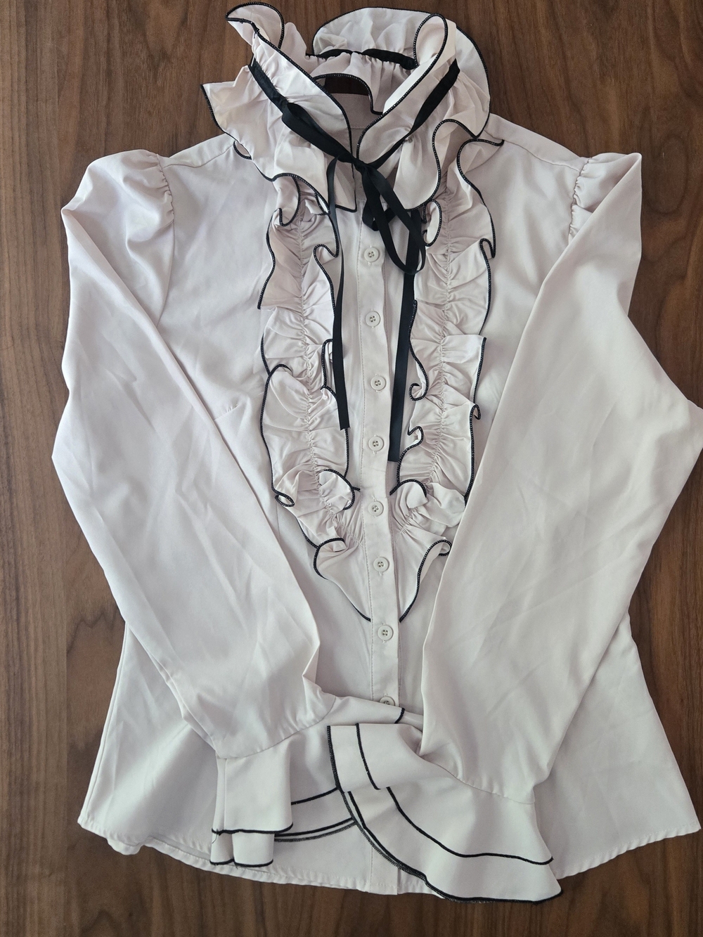 Coquette White Ruffle Blouse Black Trim Ribbon Bow Tie Lolita Victorian Shirt L